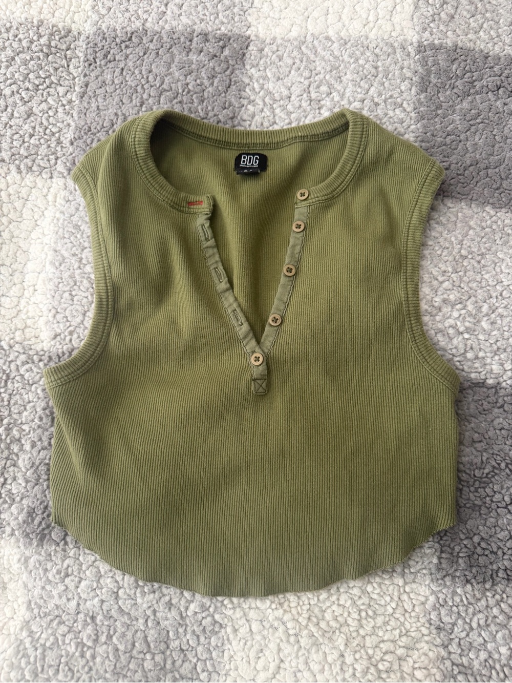 BDG Olive Ribbed Henley Crop Tank Top